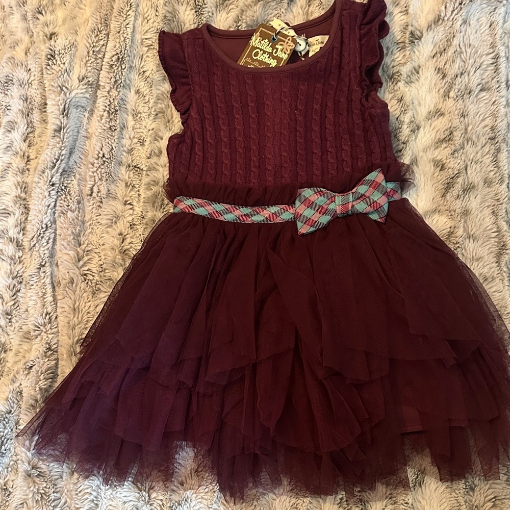 Matilda Jane Burgundy Dress with Plaid Bow-Perfect for Holidays!